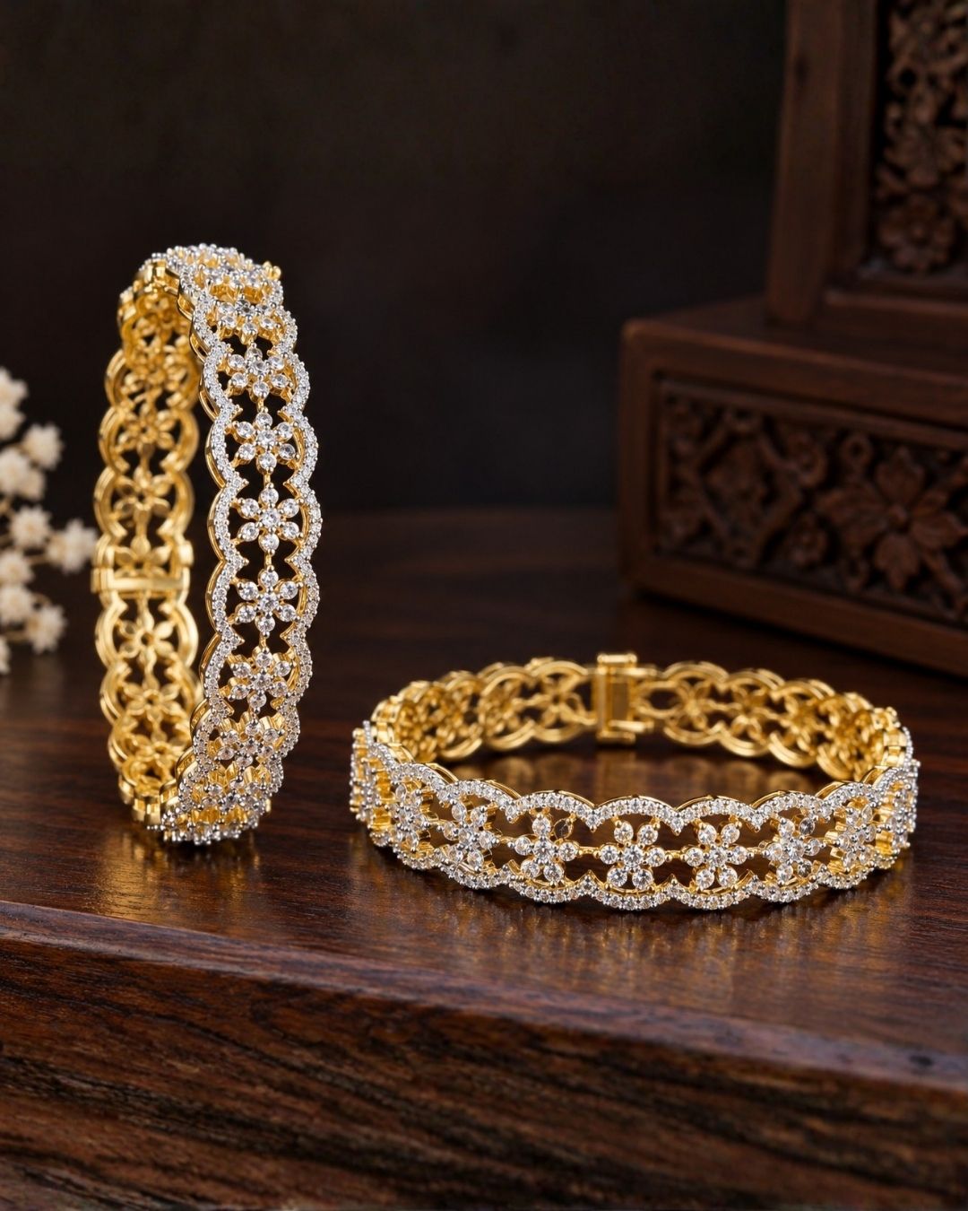 Pure Zirconium Diamond Gold Plated Star Floral Openable Bangles