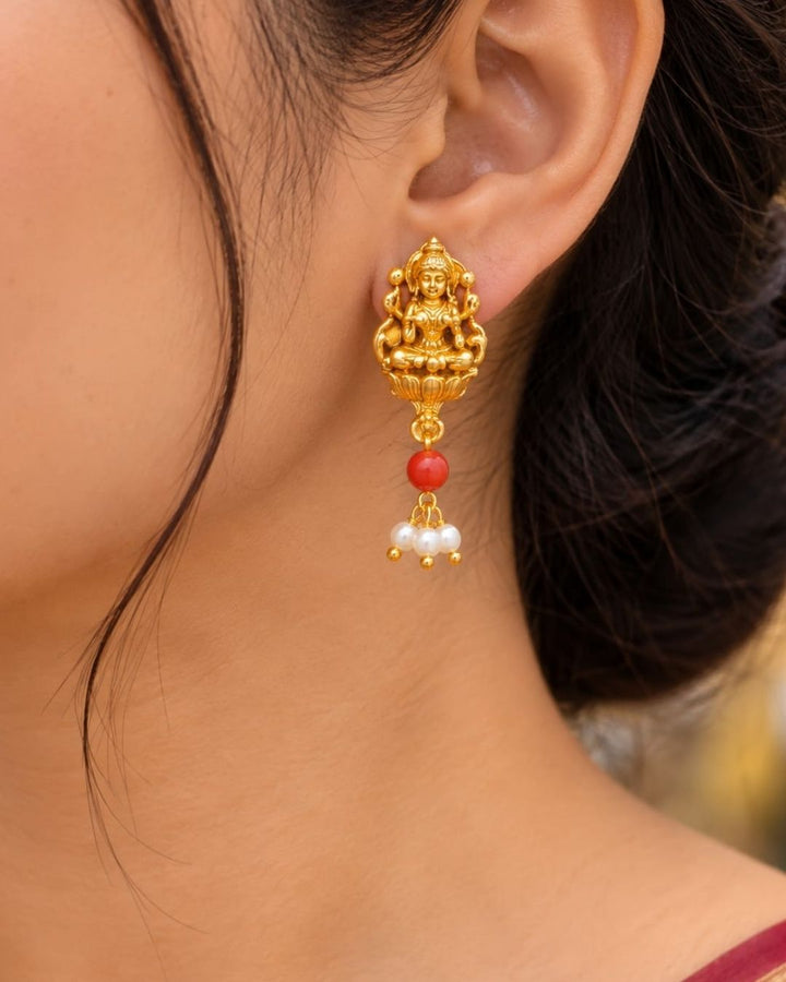 Gold Plated Coral Beads Laxmi Devi Necklace with Earrings