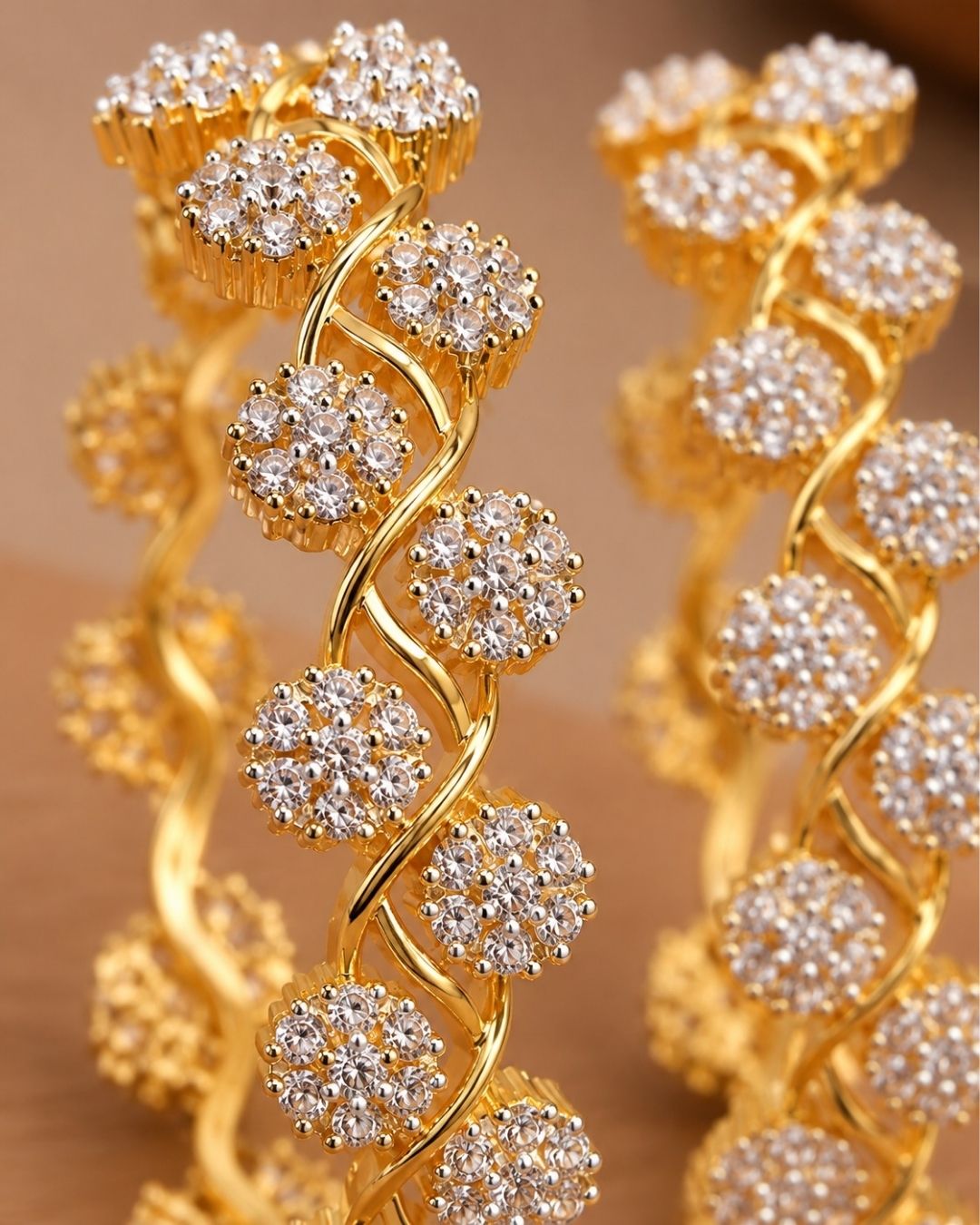 Zircon Diamond Gold Plated Floral Pattern Bangles