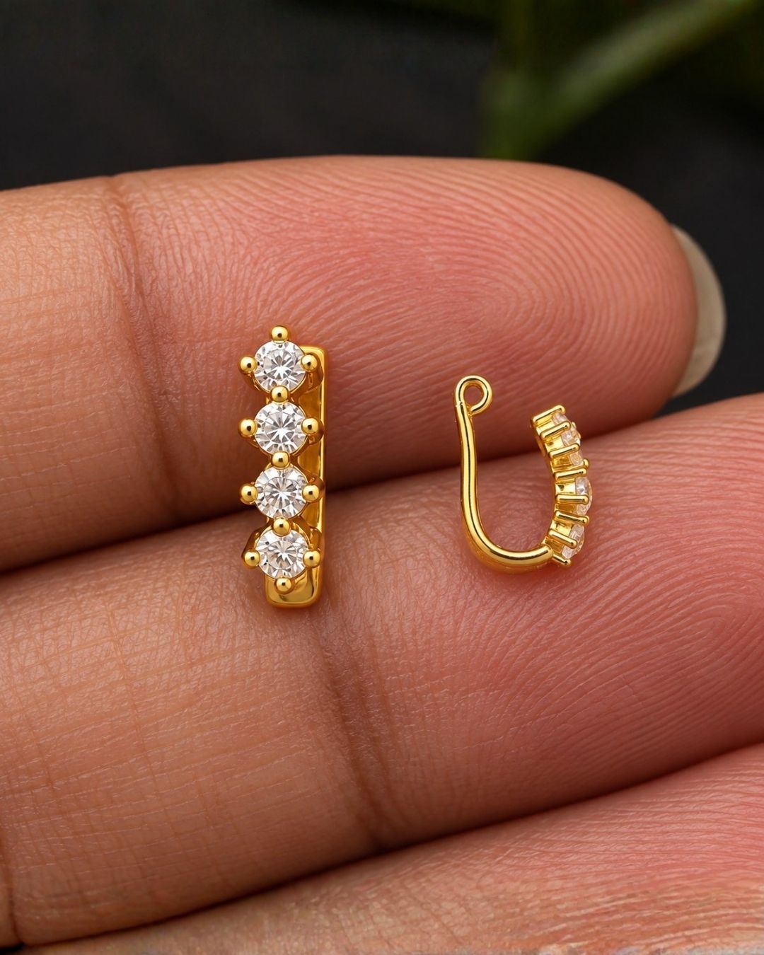 Gold Plated Zircon Diamond Strip Press Nose Pin / Nath