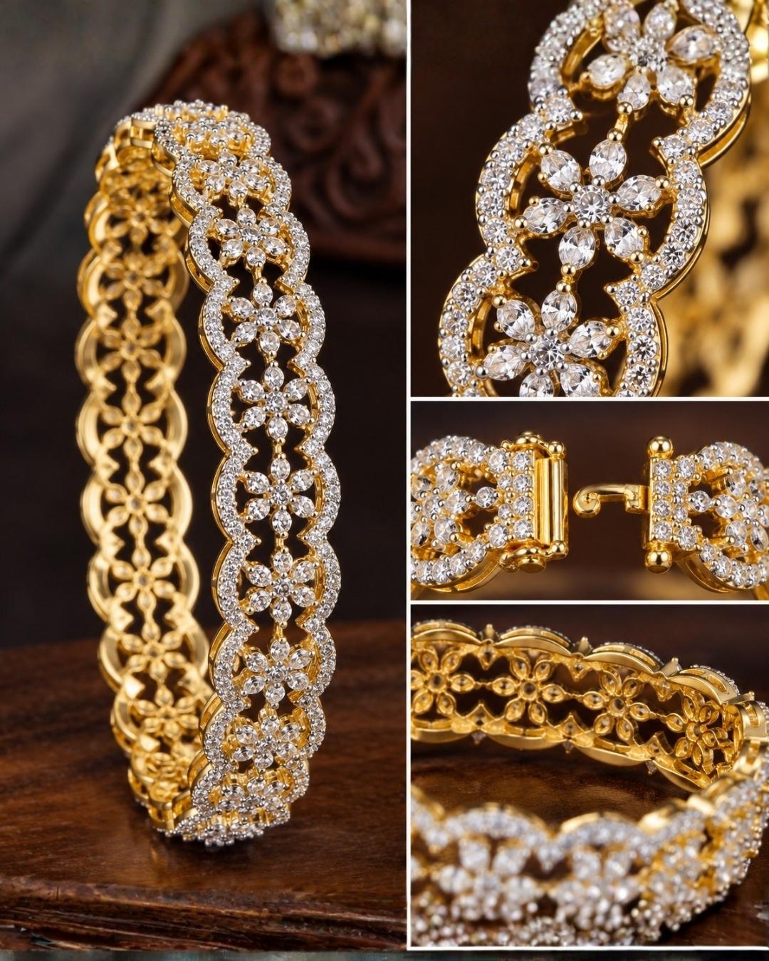 Pure Zirconium Diamond Gold Plated Star Floral Openable Bangles