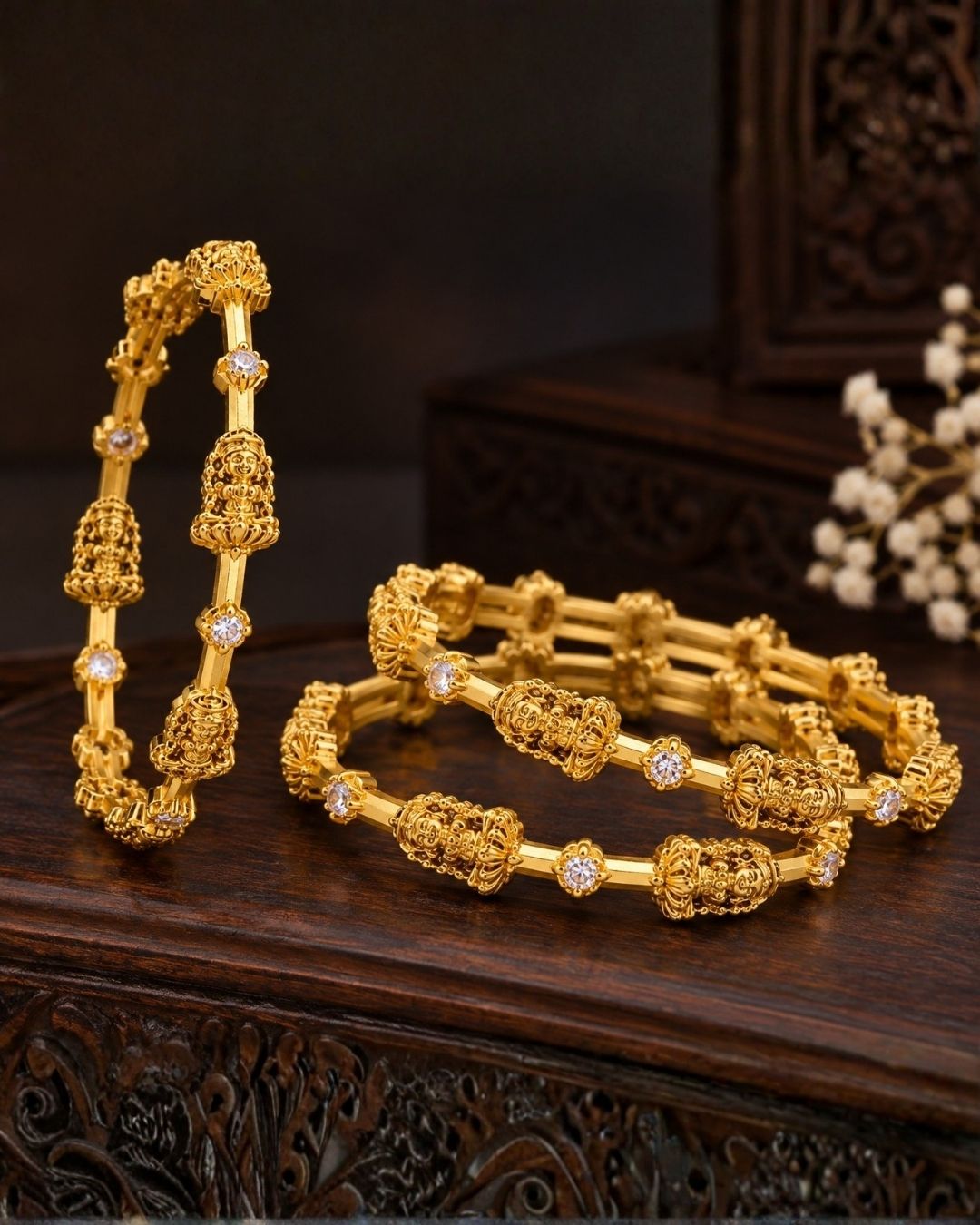 Zircon Diamond  Lakshmi Gold Plated Bangles (Set of 4)