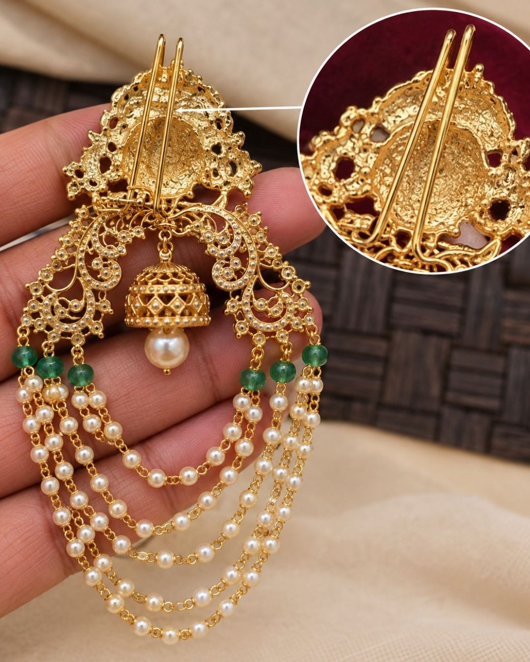 Kundan Gold Plated Emerald Matt Finish Hair Accessories c106020