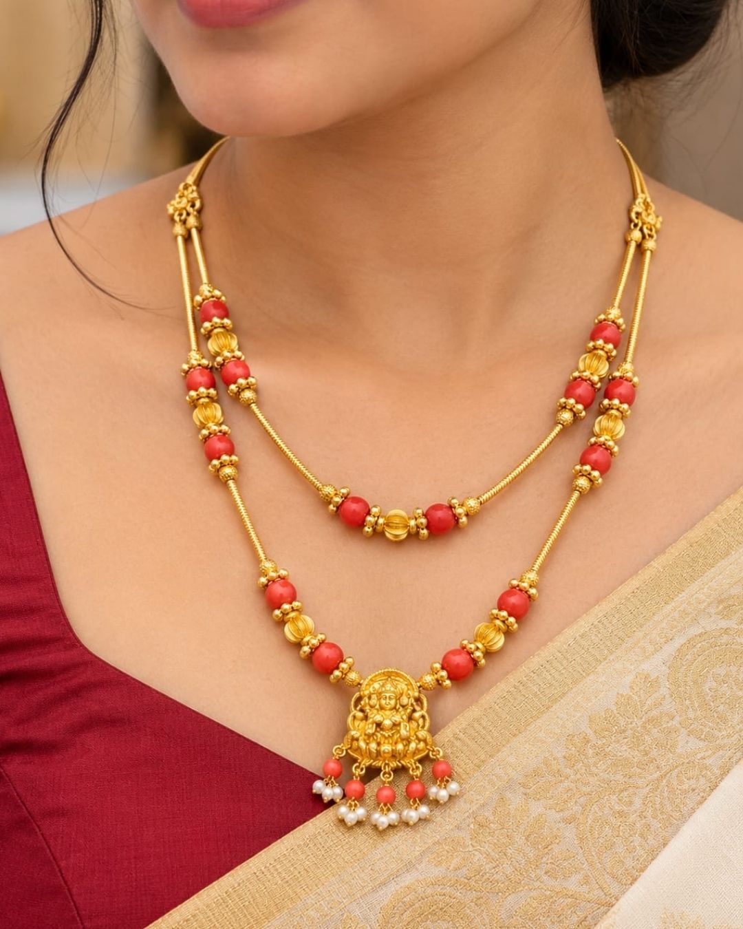Gold Plated Coral Beads Laxmi Devi Necklace with Earrings