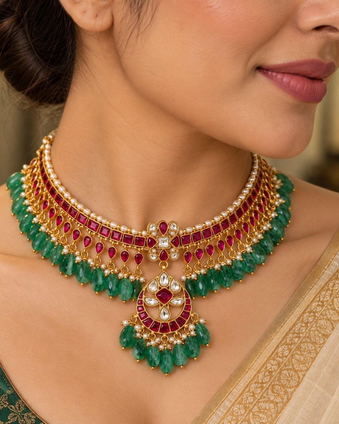 Jadau Kundan Gold Plated Beads Necklace