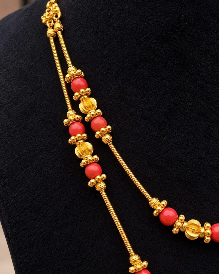Gold Plated Coral Beads Laxmi Devi Necklace with Earrings