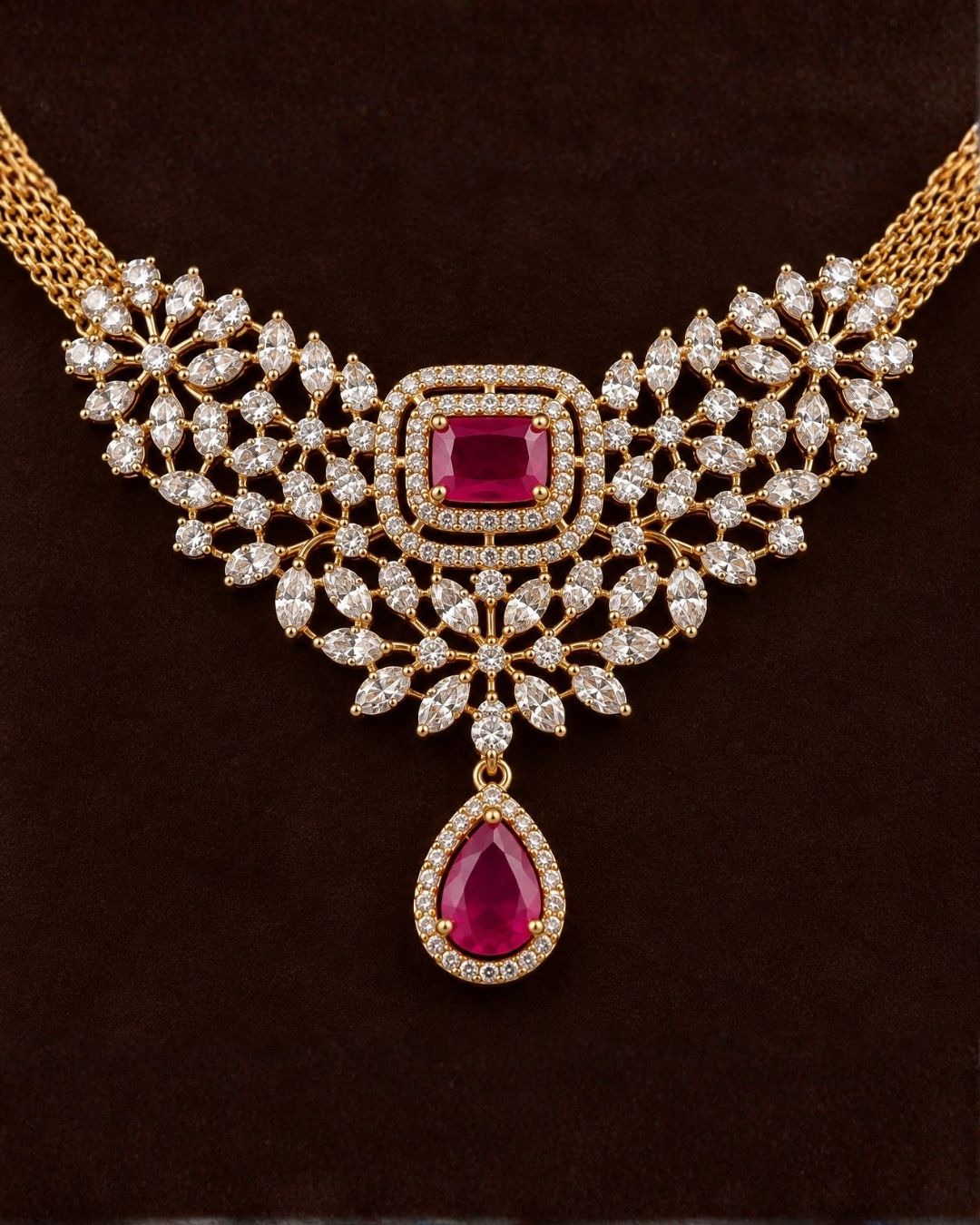 Zircon Diamond Gold Plated Ruby Drop Necklace Set