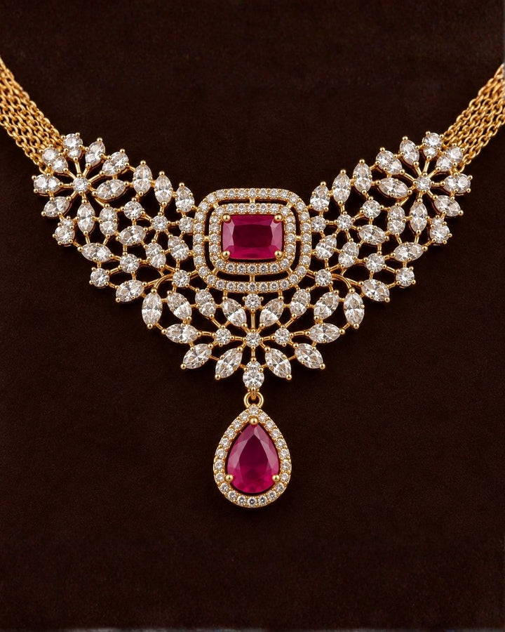 Zircon Diamond Gold Plated Ruby Drop Necklace Set