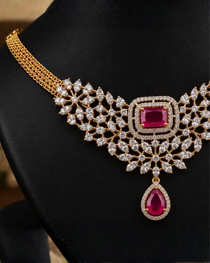 Zircon Diamond Gold Plated Ruby Drop Necklace Set