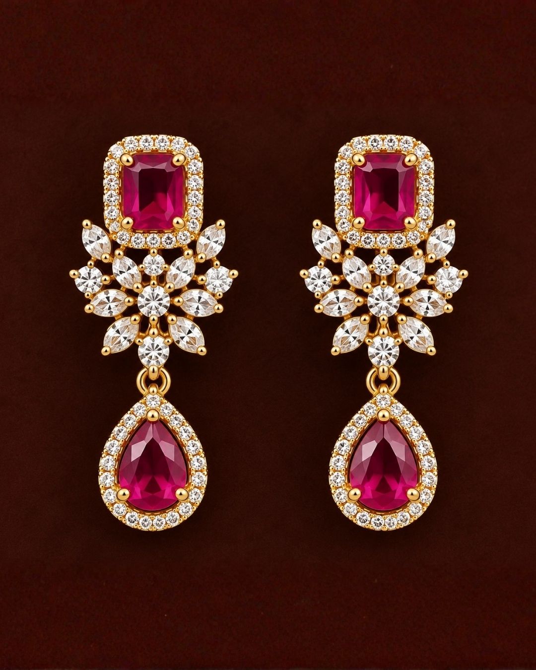 Zircon Diamond Gold Plated Ruby Drop Necklace Set