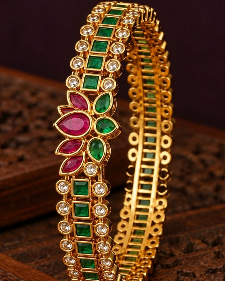 Gold Plated Emerald Lotus Floral Bangles