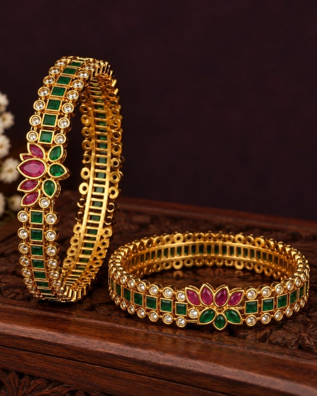 Gold Plated Emerald Lotus Floral Bangles