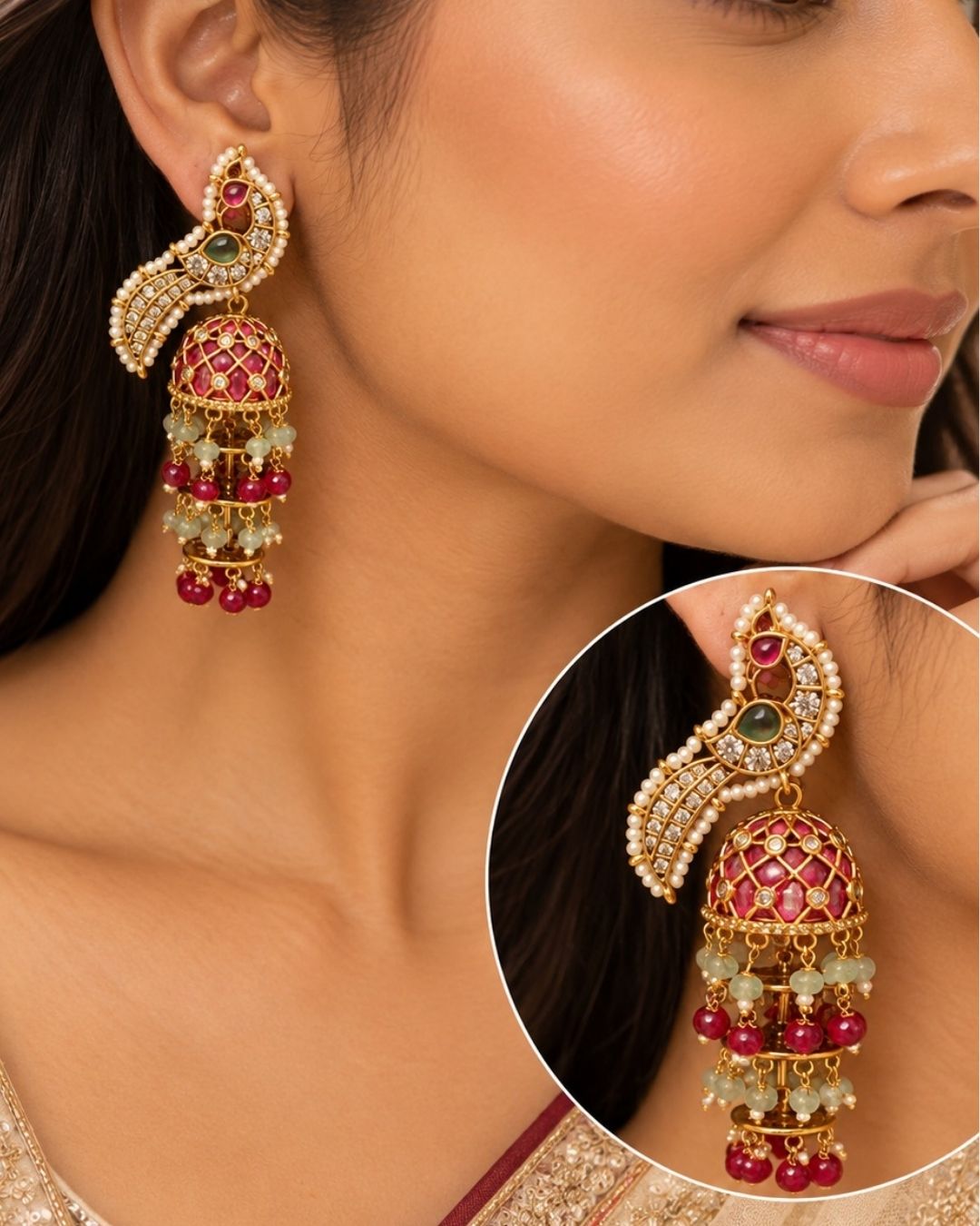 Jadau Kundan Gold plated Peacock Jhumkas