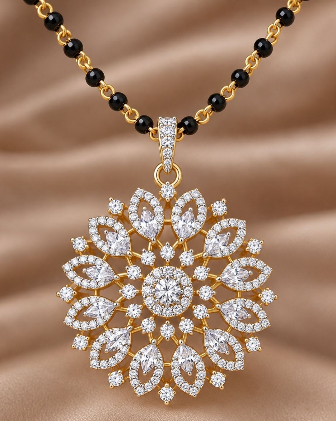 Zircon Diamond Gold Plated Floral Mangalsutra