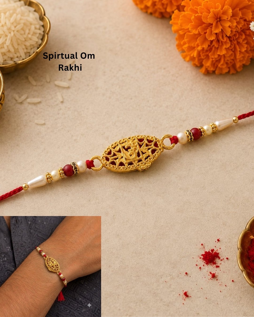 Elegant gold plated Rakhi showcasing a detailed Om symbol centerpiece with decorative pearl and red bead embellishments on a vibrant red thread.