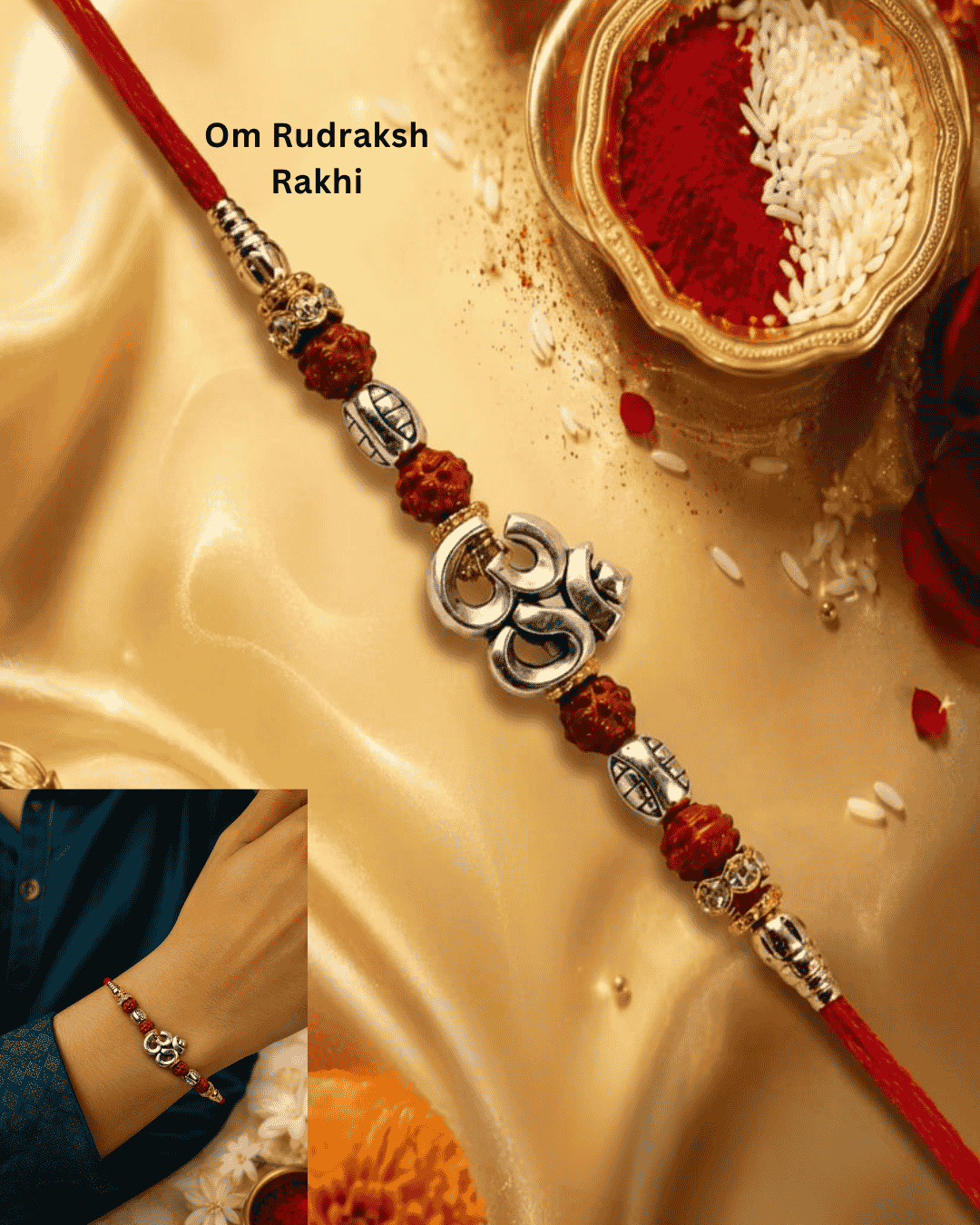 Premium Om Rudraksh Rakhi showcasing a silver-tone Om charm with Rudraksha beads, elegant metallic embellishments, and a handcrafted design for Raksha Bandhan.