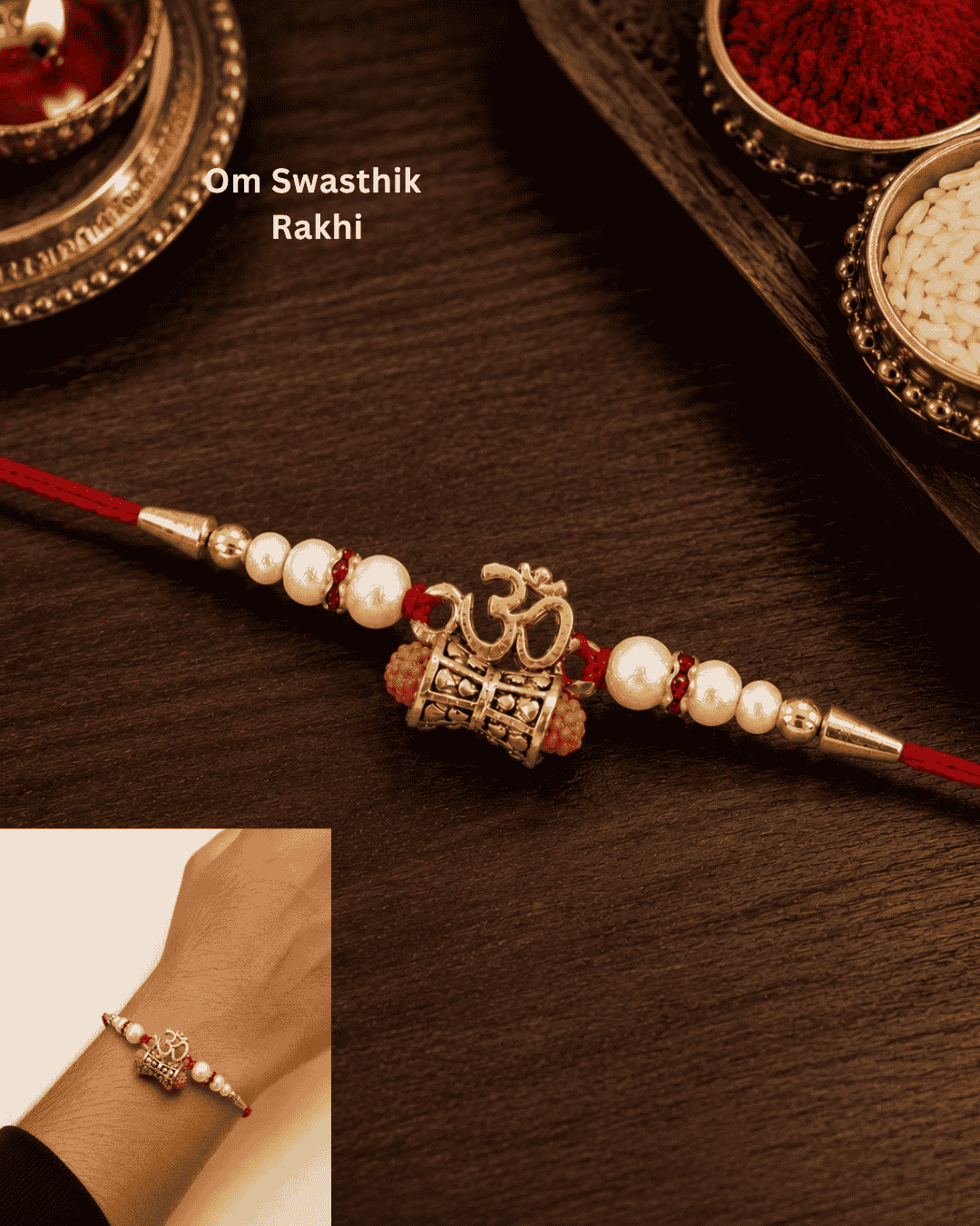 Traditional Om Swastik Rakhi with a beautifully detailed spiritual centerpiece, pearl embellishments, and premium red thread for Raksha Bandhan.