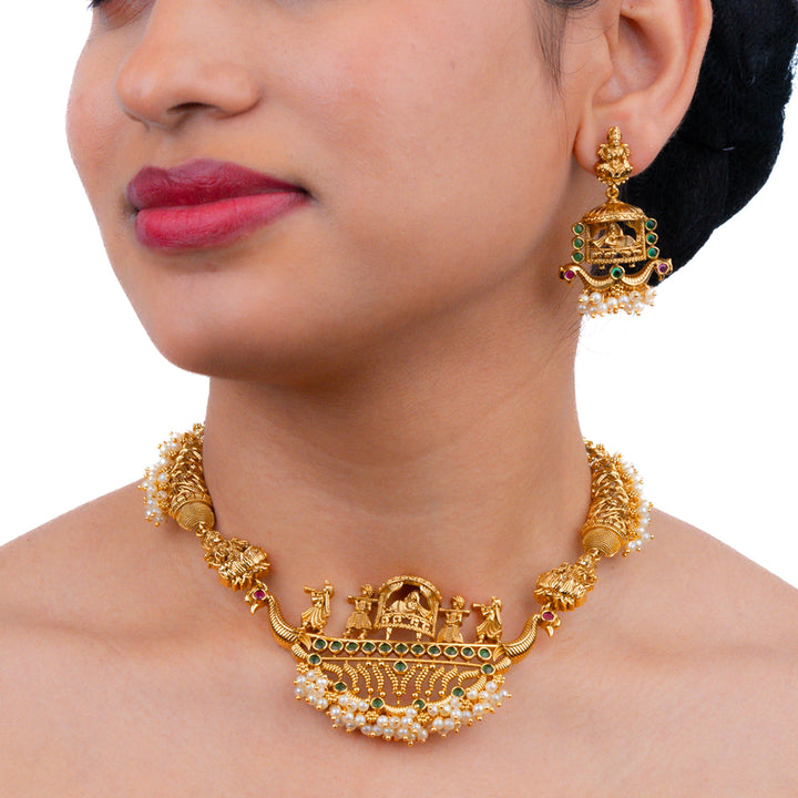 Kundan and beads temple jewellery necklace set with earrings SSG102050