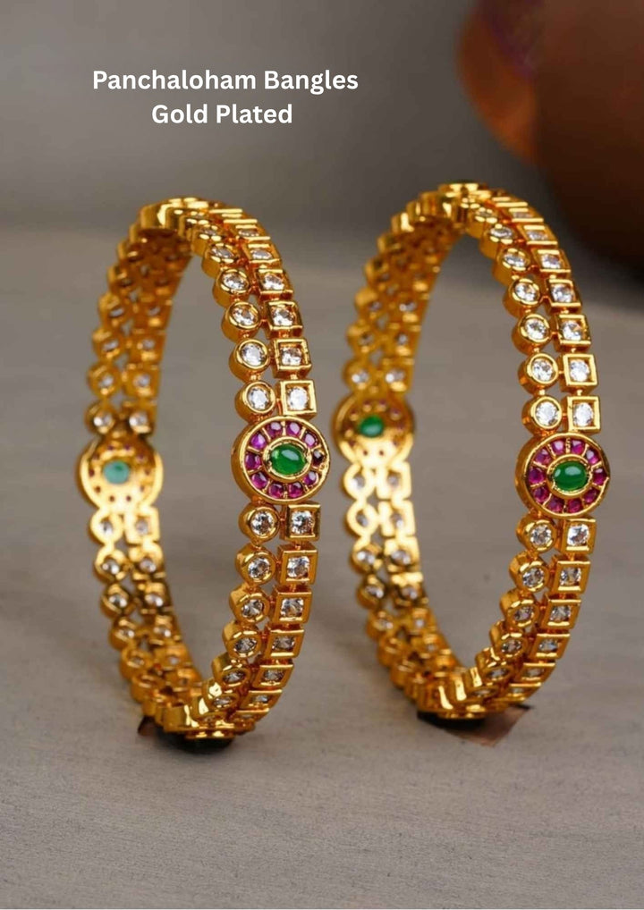 traditional Panchaloham bangles Pair of gold plated with gemstones with waterproof, anti fade used for festivals , weddings, and ideal for gifting. 