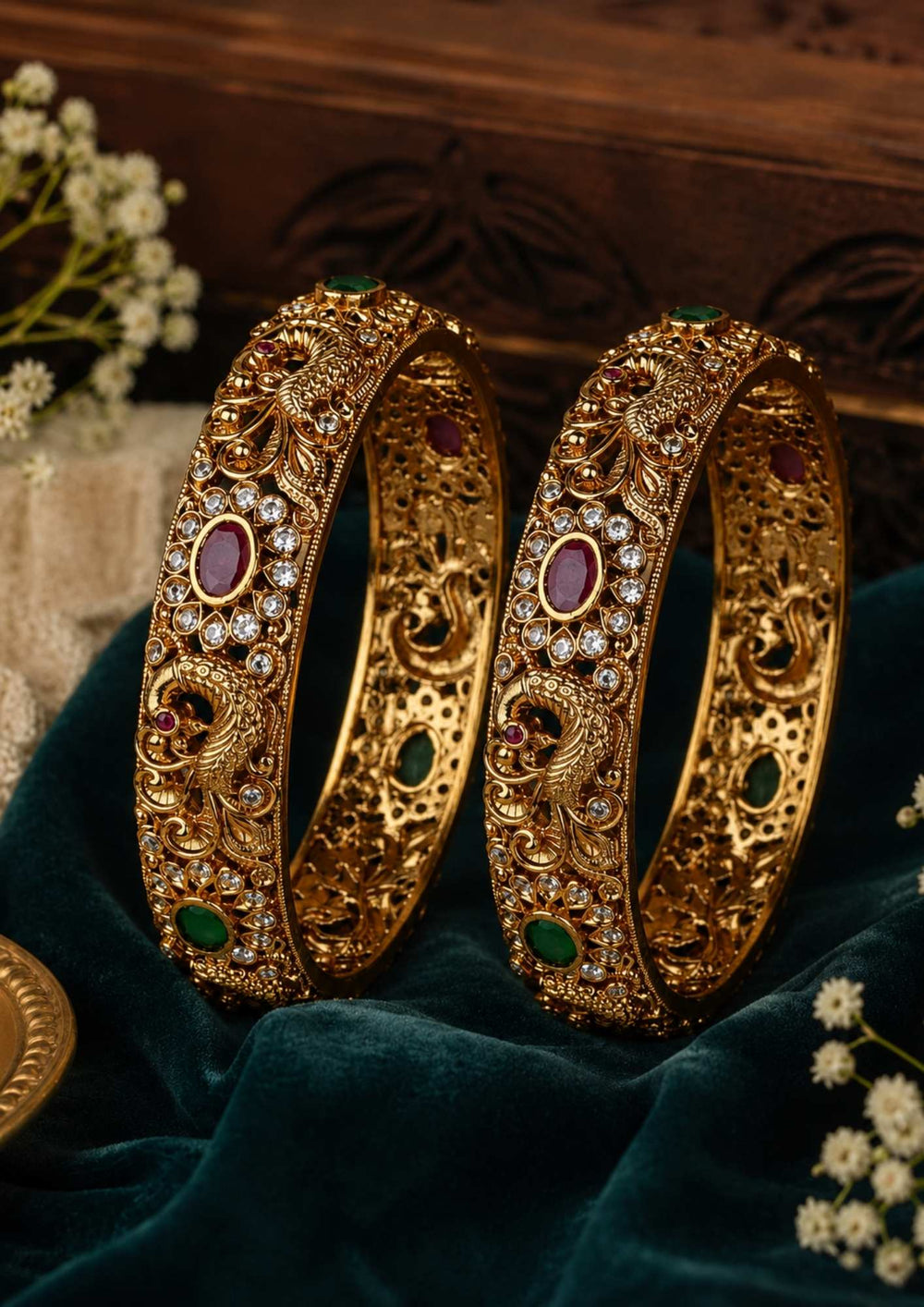 Two ornate gold bangles with gemstones on a dark green fabric background.