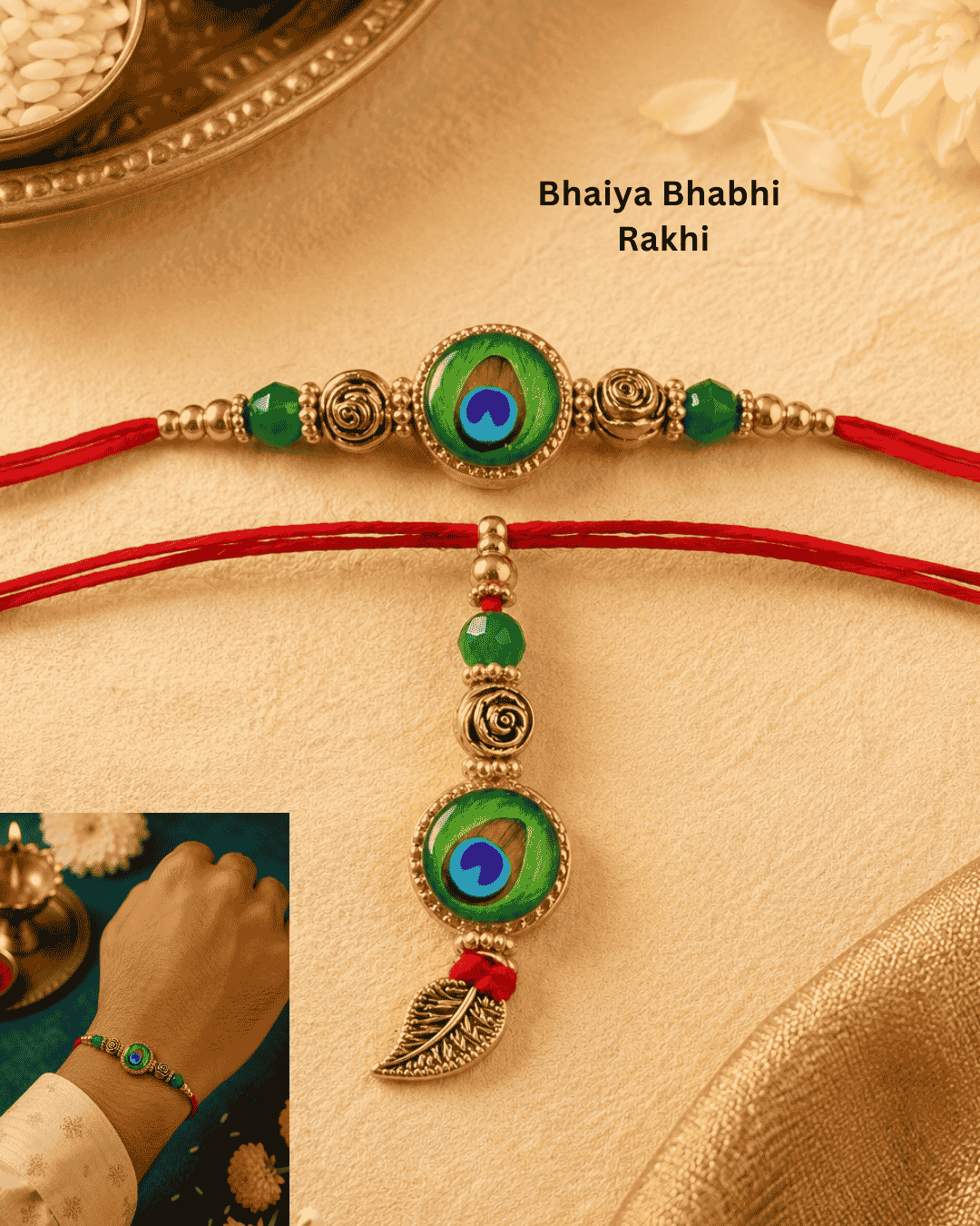 Traditional Bhaiya Bhabhi Rakhi set showcasing matching peacock-inspired charms, floral metal accents, green crystal beads, and an elegant dangling leaf charm.