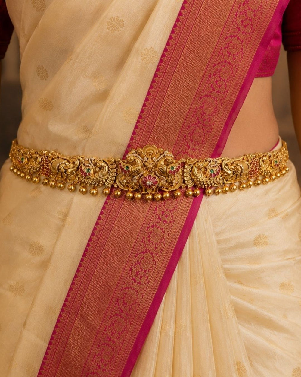 Beautiful temple-style gold plated hip belt featuring ornate peacock motifs, floral stone detailing, and hanging gold beads. Perfect for traditional sarees, festive occasions, weddings, Bharatanatyam performances, and special events.