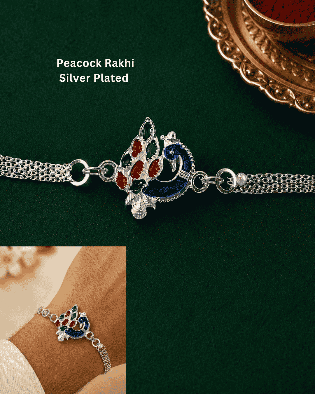 Beautiful Peacock silver plated Rakhi featuring a colorful enamel peacock design and bracelet-style chain. Perfect for Raksha Bandhan celebrations and thoughtful gifting.
