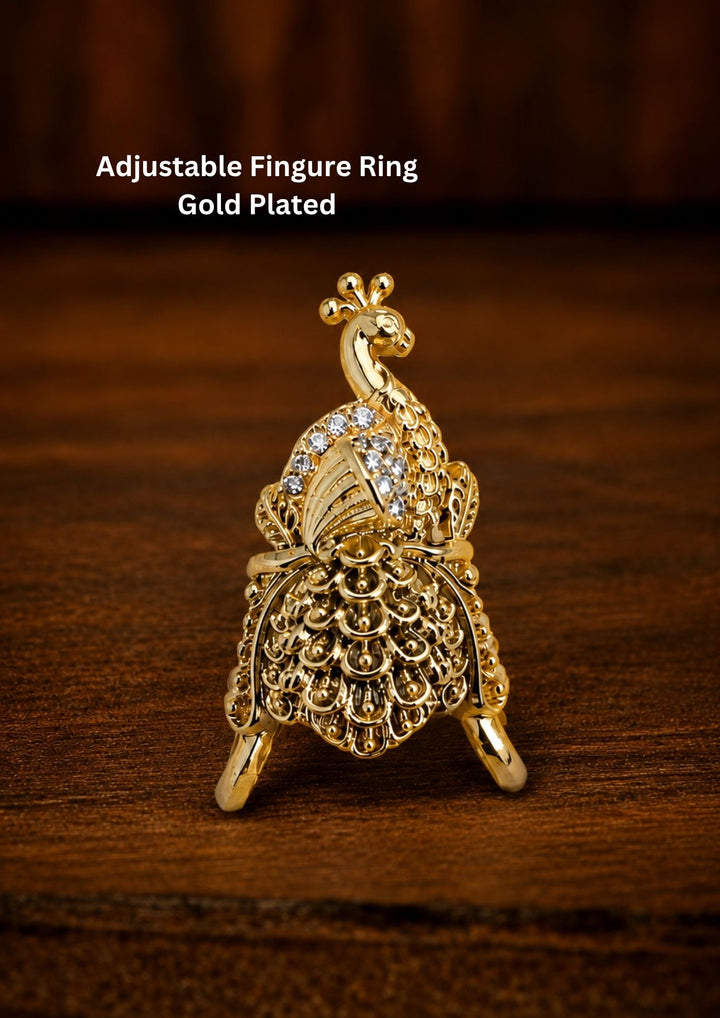 Premium peacock design adjustable finger ring crafted with fine gold plating and shimmering zircon detailing, ideal for weddings, parties, and ethnic celebrations.
