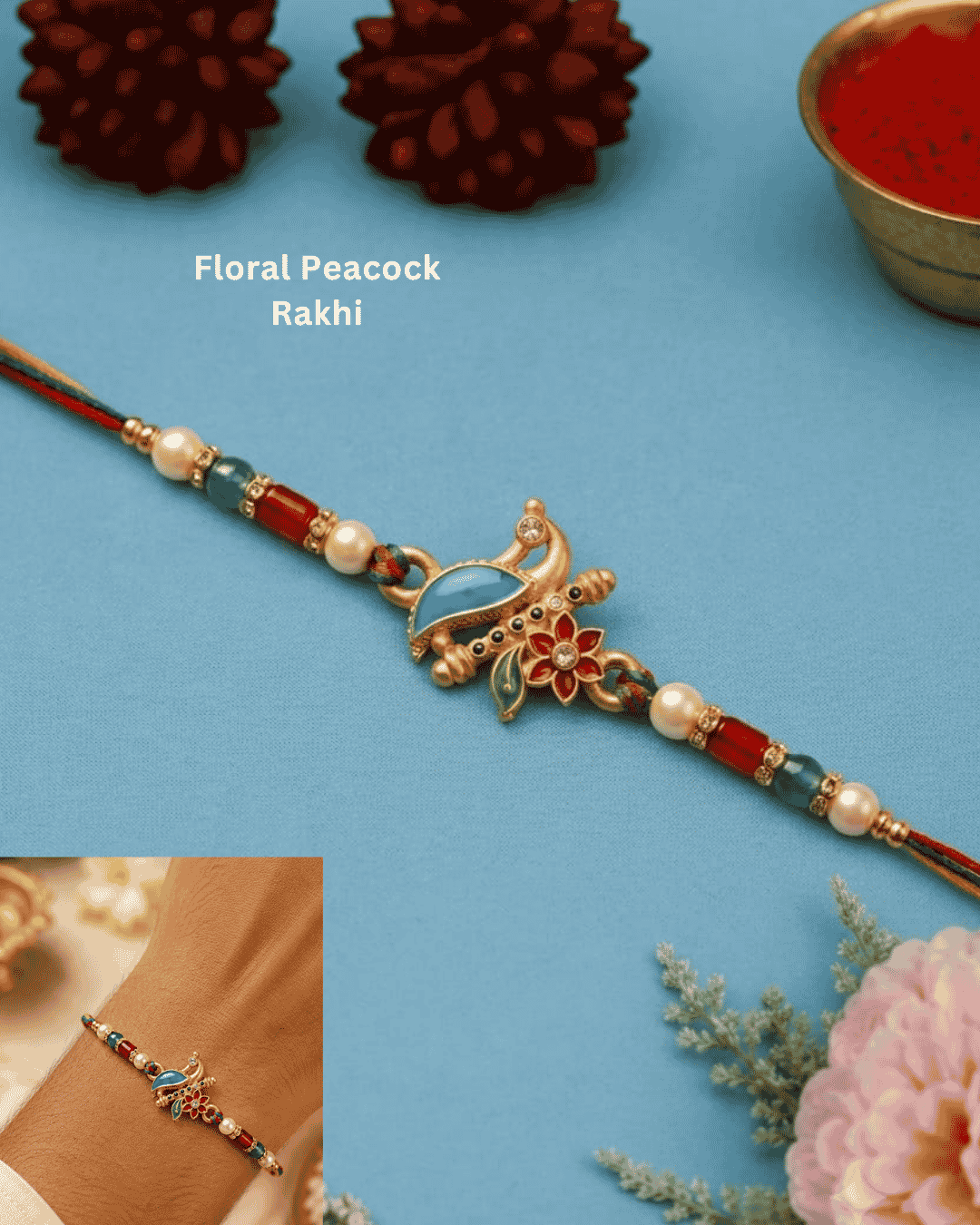 Traditional Floral Peacock Rakhi with a beautifully detailed peacock design, decorative pearl embellishments, colorful beads, and premium craftsmanship.