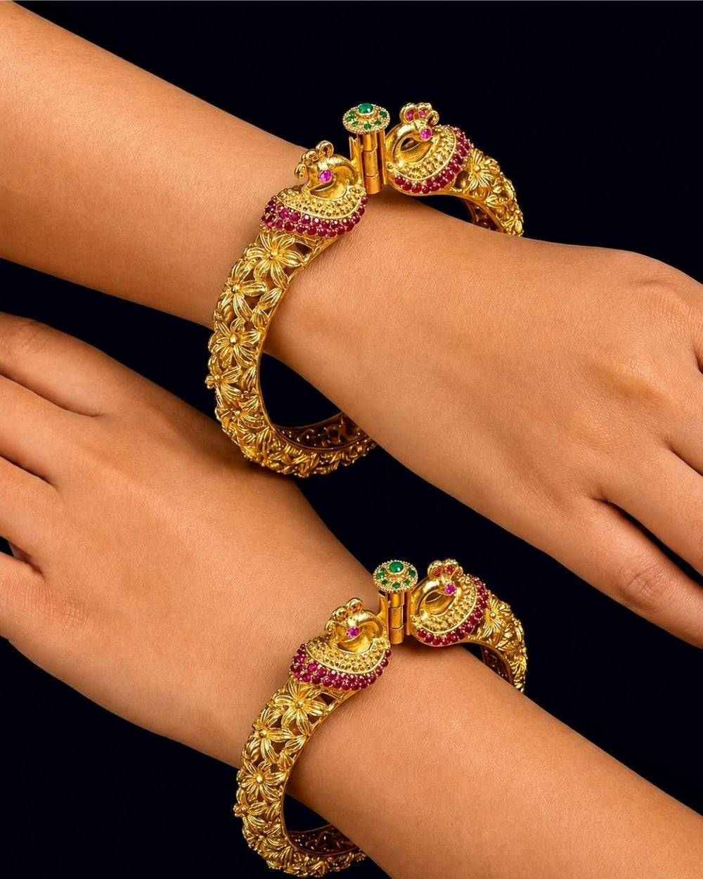 Designer Openable Peacock Gold Plated Kankanalu with floral engraved detailing, ruby-inspired embellishments, intricate craftsmanship, and an elegant hinged design.