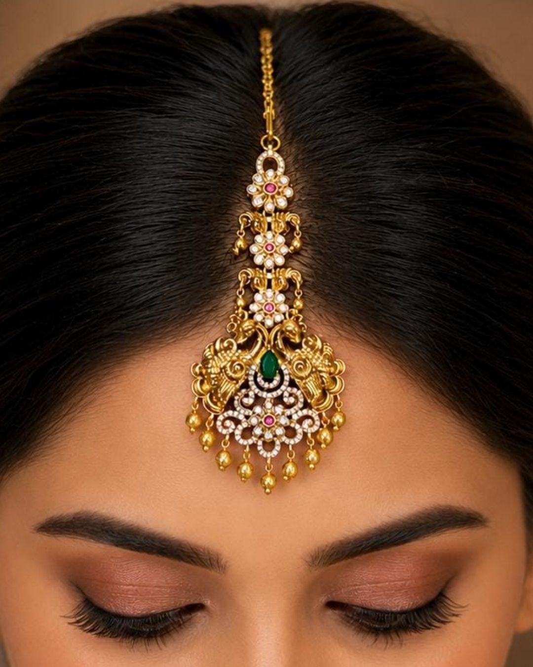 Beautiful traditional Peacock gold plated pendant featuring an intricately detailed Lord Peacock design, vibrant pink and green stones, ornate gold filigree, and clusters of white pearls with dangling gold beads around the lower edge. Perfect for festive occasions, temple visits, traditional outfits, weddings, spiritual gifting, and special celebrations.