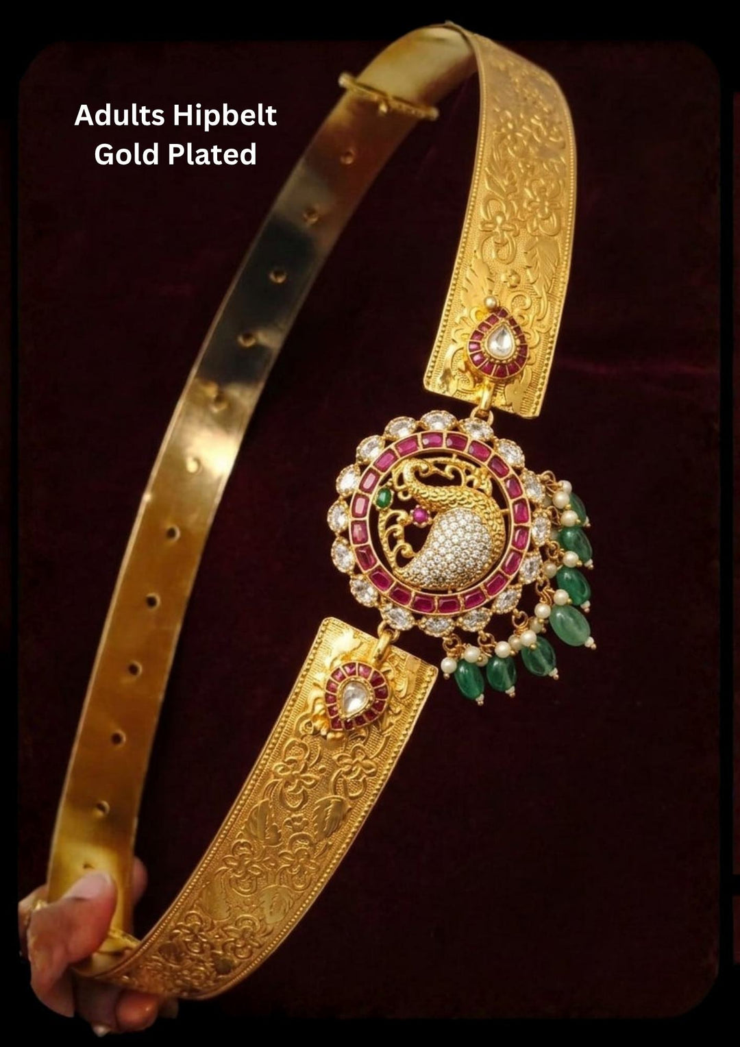 jadau kundan gold plated peacock design hipbelt with beads and in picture it shows clearly how it looks traditional (vaddranam) for Indians and can be used for weeding&