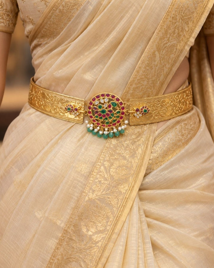 Traditional gold plated hip belt featuring detailed floral craftsmanship, a large circular multicolor stone centerpiece, green and ruby stones, pearl embellishments, and adjustable fastening, perfect for bridal, festive, and traditional wear.