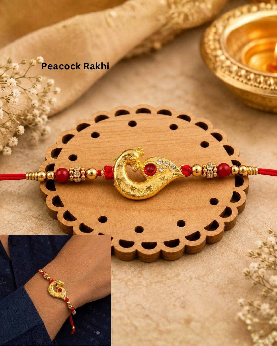 Elegant gold plated Rakhi showcasing a peacock-inspired centerpiece with red stone embellishments, zircon detailing, and a vibrant red thread.