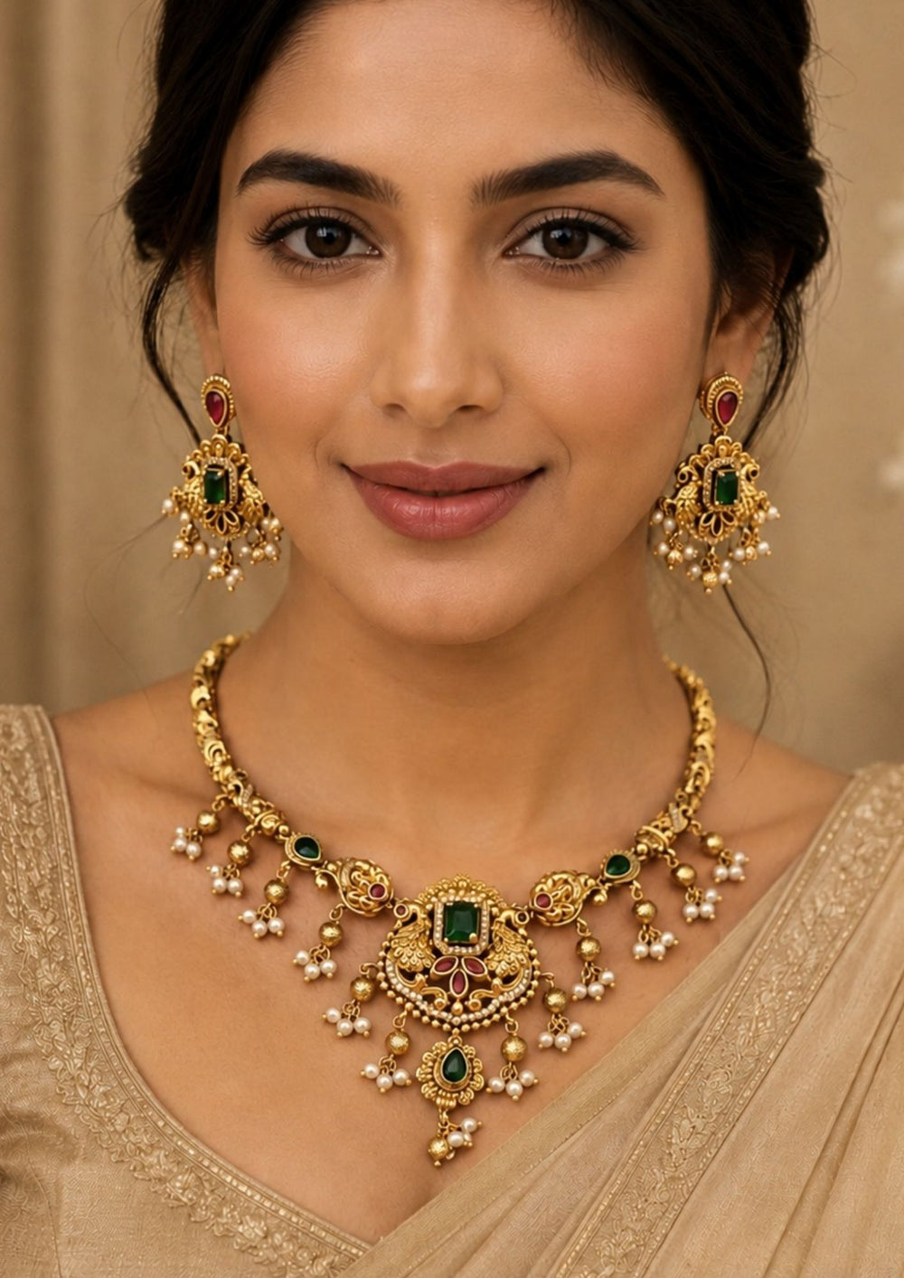 Woman wearing a An exquisite Jadau Kundan gold plated necklace features a rigid gold-engraved band transitions into twin peacock motifs framing a central rectangular green emerald stone, accented by delicate hanging pearl clusters and matching drop earrings.