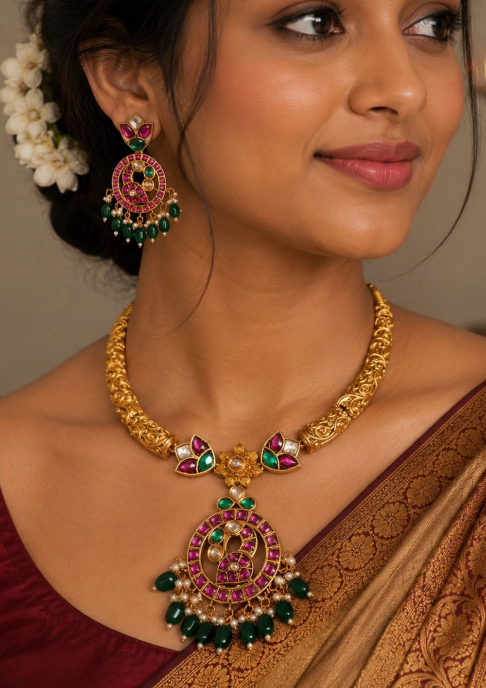 South Indian Woman wearing a It is a real kempu Jadau kundan gold plated necklace set with matching earrings designed with pink kundan stones, green bead drops, white stones, pearl hangings, antique carved gold finish, circular peacock-inspired pendant design, suitable for weddings, festive occasions, temple wear, bridal styling, and traditional South Indian outfits with elegant royal appearance.