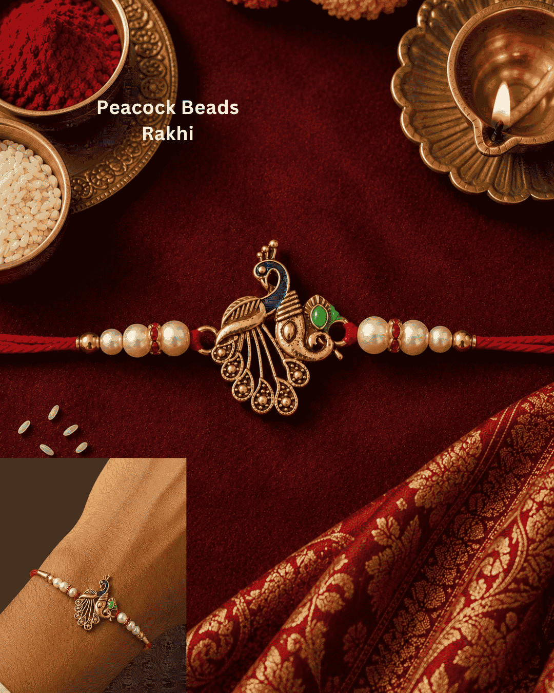 Beautiful Peacock Beads gold plated Rakhi featuring pearl beads, colorful peacock detailing, and an elegant handcrafted design. Perfect for Raksha Bandhan celebrations and thoughtful gifting.