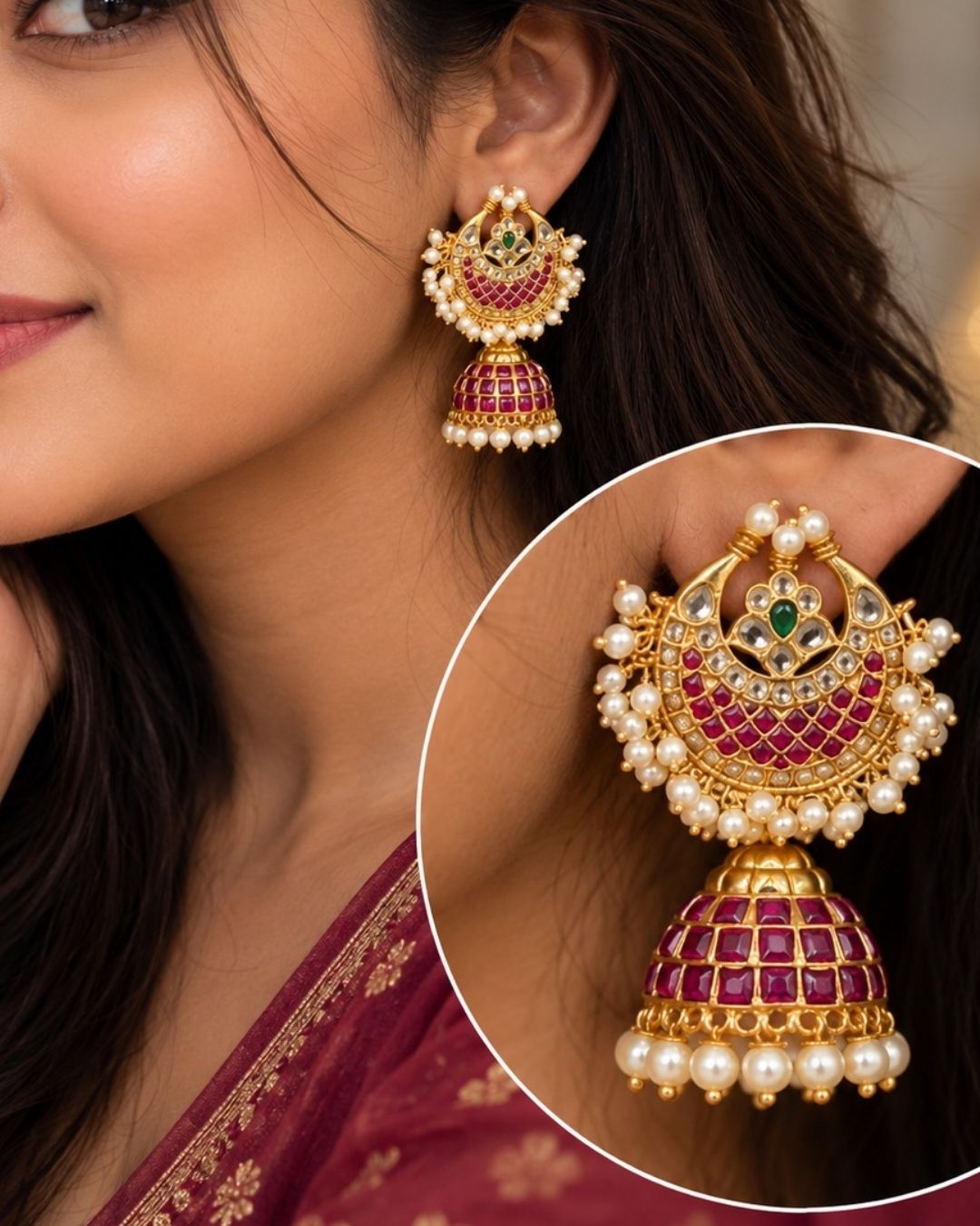 South Indian women wearing a  Close-up of traditional earring which shows how women will look and used real kempu in earrings and can be used for traditional wear and it is sweat proof and also lightweight jhumkas