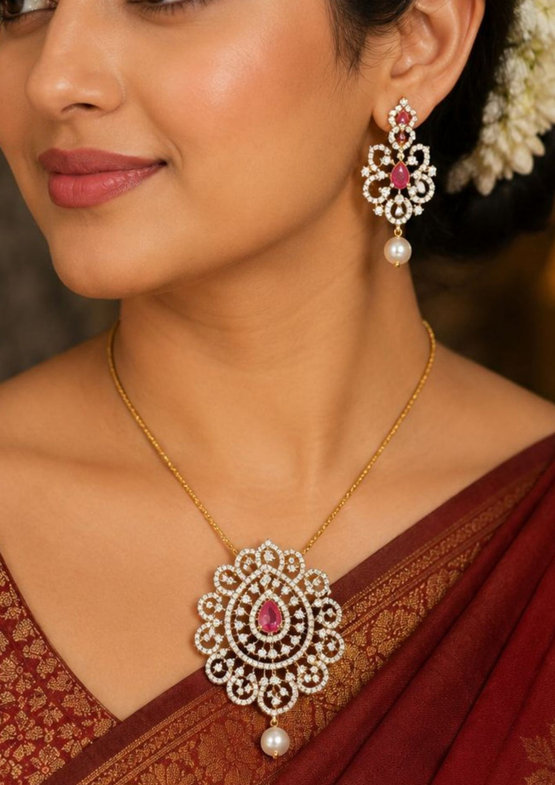 South Indian woman styling a zircon diamond gold plated pendant set with matching earrings. The jewelry features brilliant diamond-look zircon stones, emerald red teardrop stones, intricate floral motifs and elegant pearl drops that beautifully complement sarees, lehengas, gowns and festive ethnic wear for weddings, receptions and special occasions.