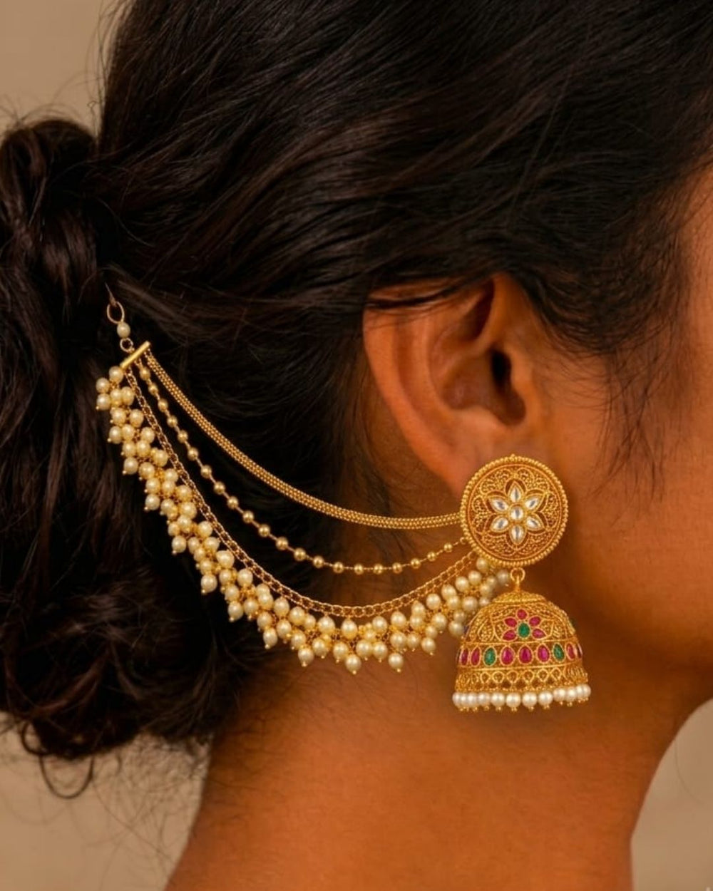 Traditional gold plated multi-layer ear chains featuring fine gold chains, round gold beads, and clusters of white pearl drops, perfect for bridal and festive occasions.