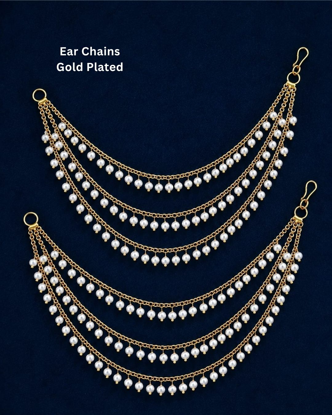 Gold-plated multi-strand chain ear chains decorated with small white pearl-like beads, displayed on a dark navy blue background with the text 'Ear Chains Gold Plated' in the upper left.