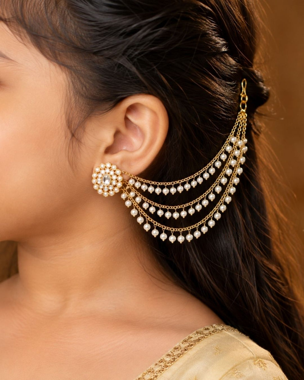 Gold-plated multi-strand chain ear chains decorated with small white pearl-like beads, displayed on a dark navy blue background with the text 'Ear Chains Gold Plated' in the upper left.