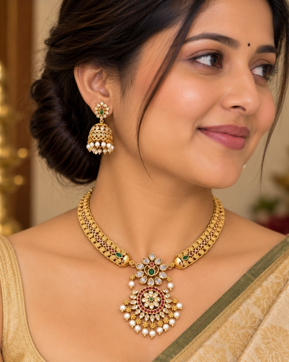 Gold-plated necklace set with intricate design long necklace Setand earrings  with green and red stones come with jadau kundan in necklace set  with beads and in pendent and earrings shows clear design and in detailed shown in picture it will not fade color and water proof can used for festivals, bridals, and weeding's  