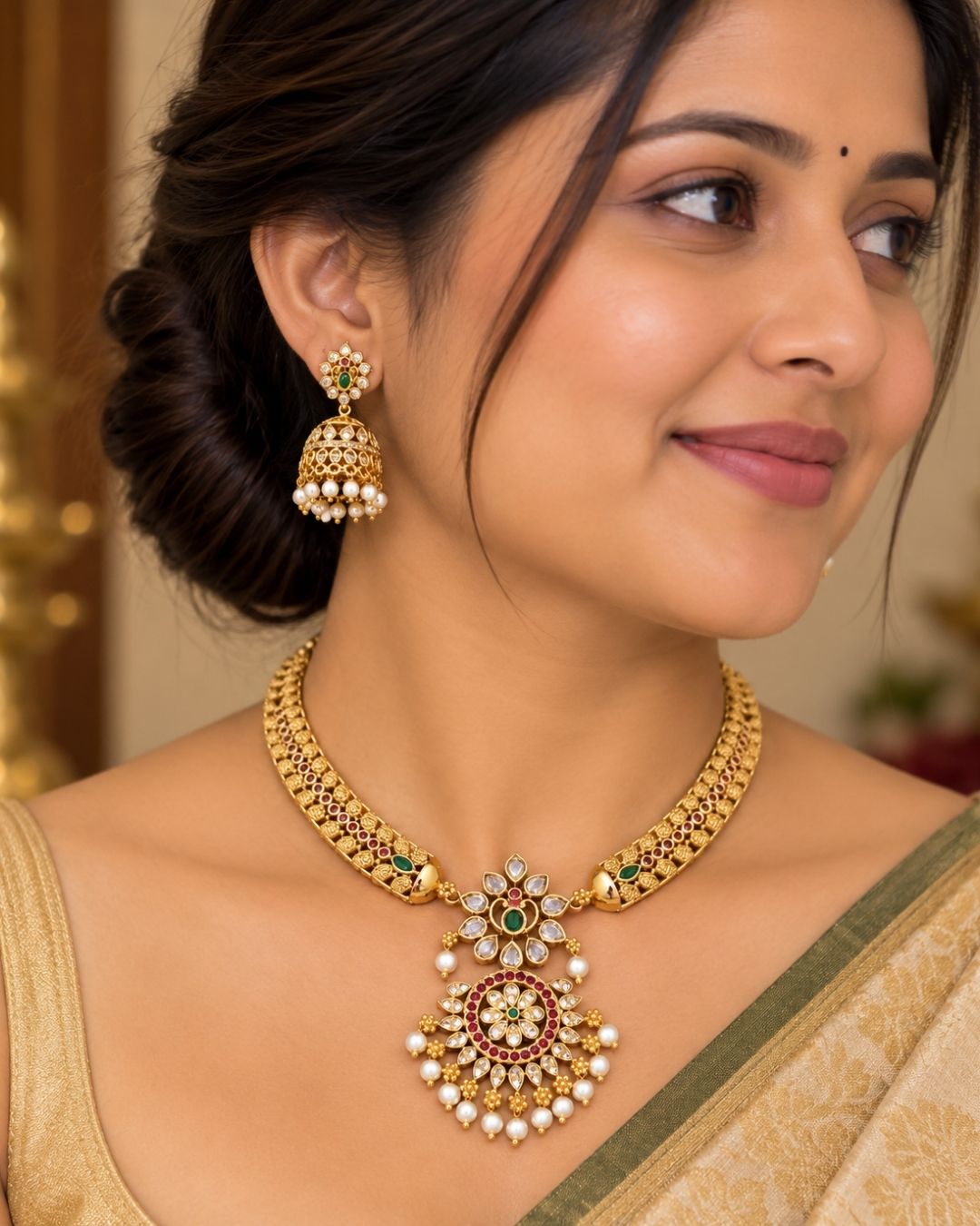 Gold-plated necklace set with intricate design long necklace Setand earrings  with green and red stones come with jadau kundan in necklace set  with beads and in pendent and earrings shows clear design and in detailed shown in picture it will not fade color and water proof can used for festivals, bridals, and weeding&