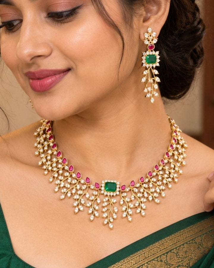 Shop our premium Kundan Brass Base necklace with earrings designed with green and pink ruby stone perfect for wedding, festivals it is anti fade color | COD available at ZEVANA