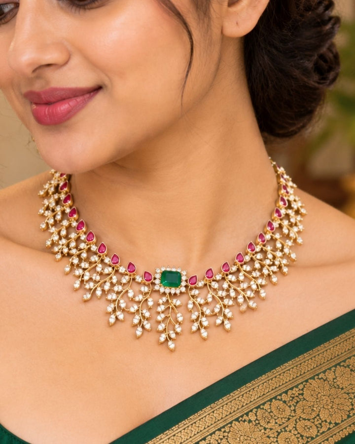Shop our premium Kundan Brass Base necklace with earrings designed with green and pink ruby stone perfect for wedding, festivals it is anti fade color | COD available at ZEVANA