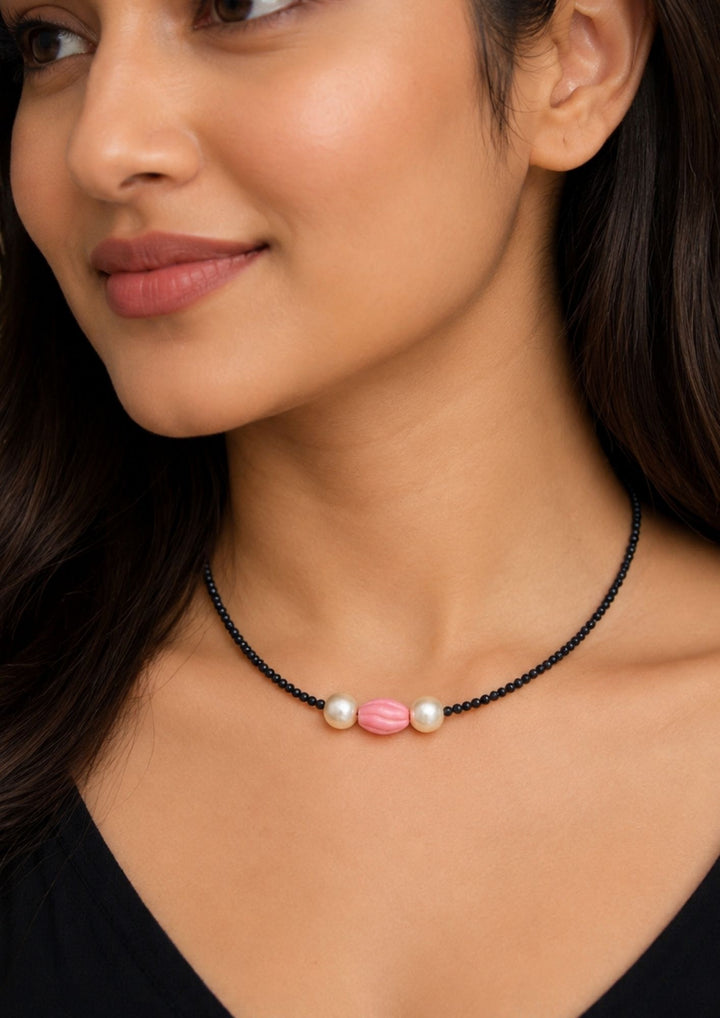 South indian womens Stylish black bead mangalsutra necklace with a pink centerpiece and pearl embellishments, combining a contemporary design with a lightweight finish, perfect for everyday wear, office wear, casual outings, and gifting.