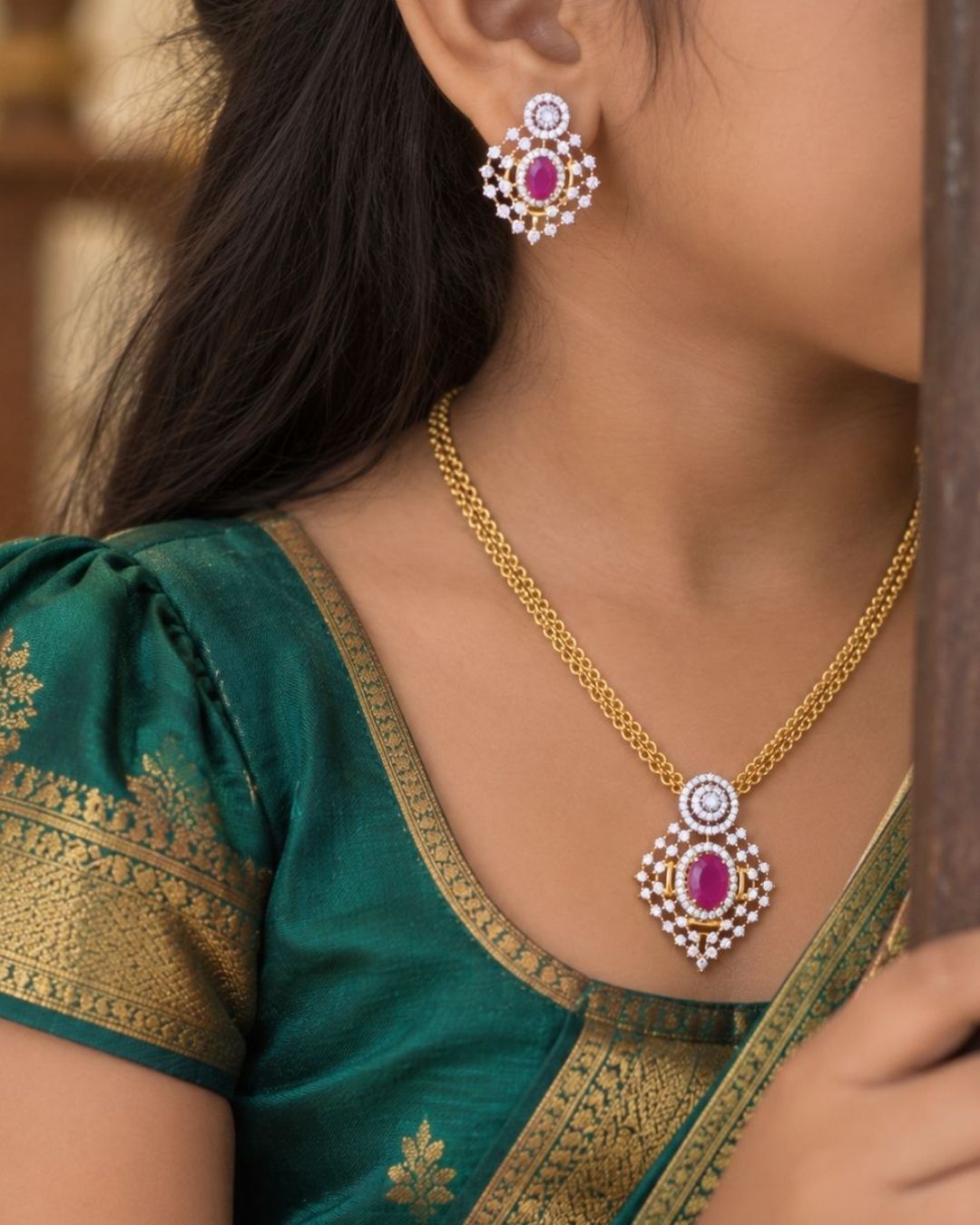 Gold necklace and earrings with zircon and diamond accents
