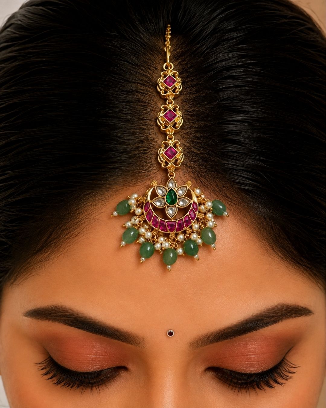 Beautiful traditional gold plated maang tikka featuring a pink stone chain, a floral-inspired circular pendant with green and pink stones, sparkling white accents, clusters of pearls, and multiple green bead drops. Perfect for weddings, festive occasions, traditional outfits, bridal styling, and special celebrations.
