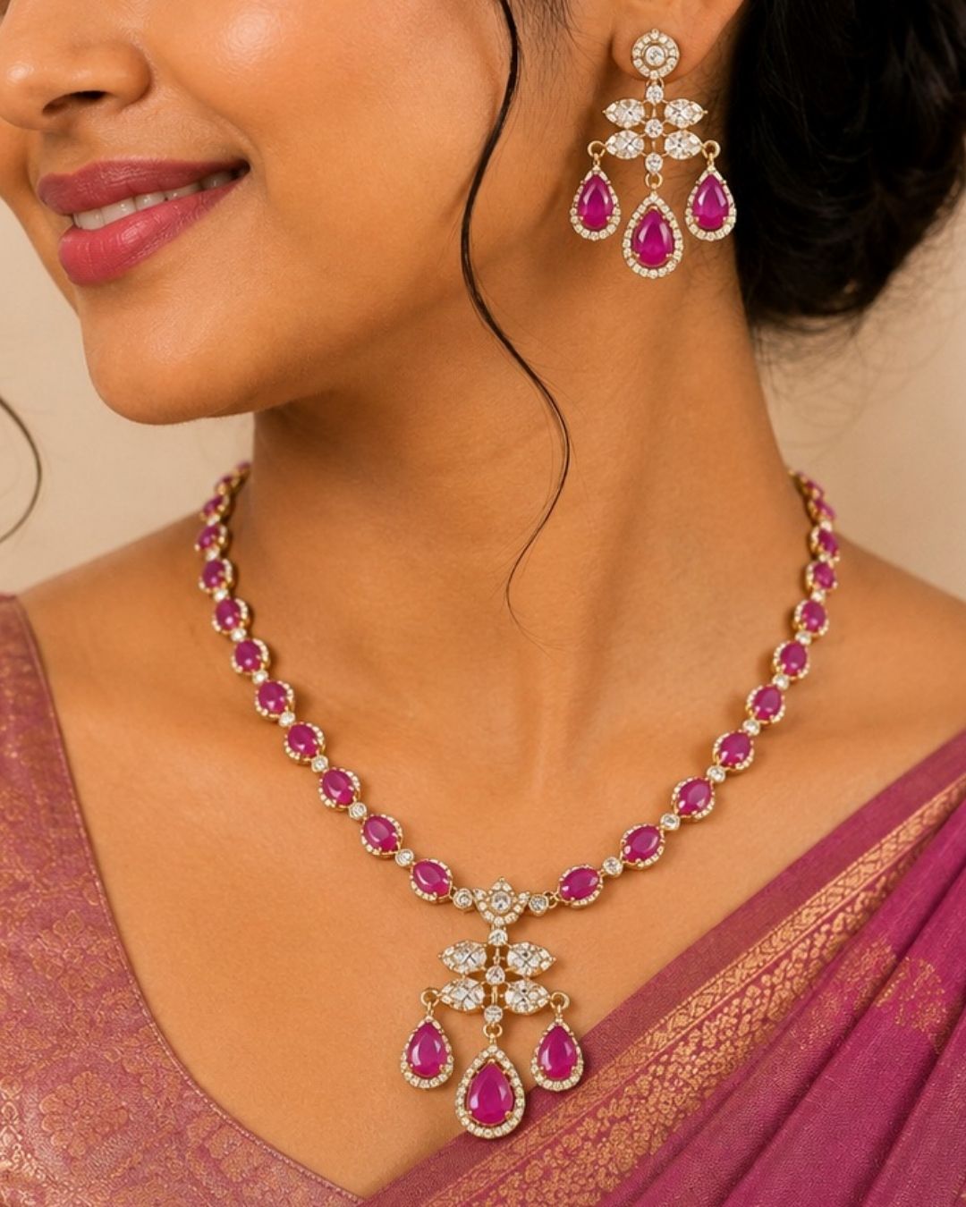 Gold-plated Indian style jewelry set featuring a necklace and matching earrings with pink teardrop-shaped stones and clear pavé accents, modeled on a woman wearing a purple saree.